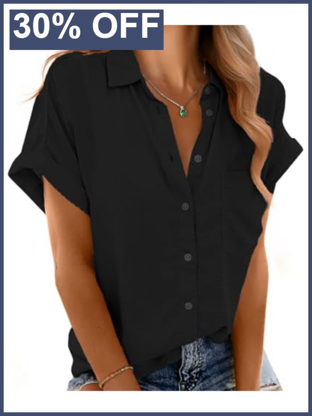 Women's Loose V Neck Button Down Short Sleeve Blouse with Pockets